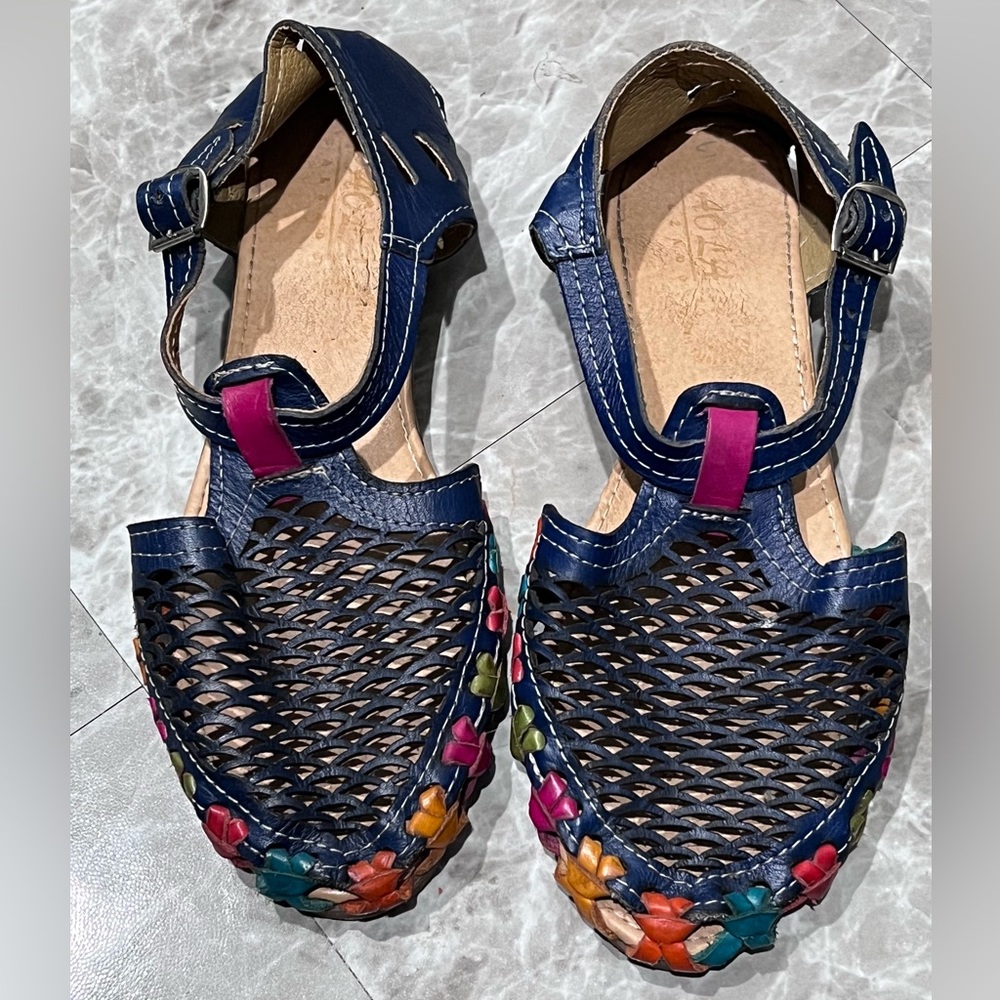 Navy Woven Leather Sandals with Multicolor Flower Trim